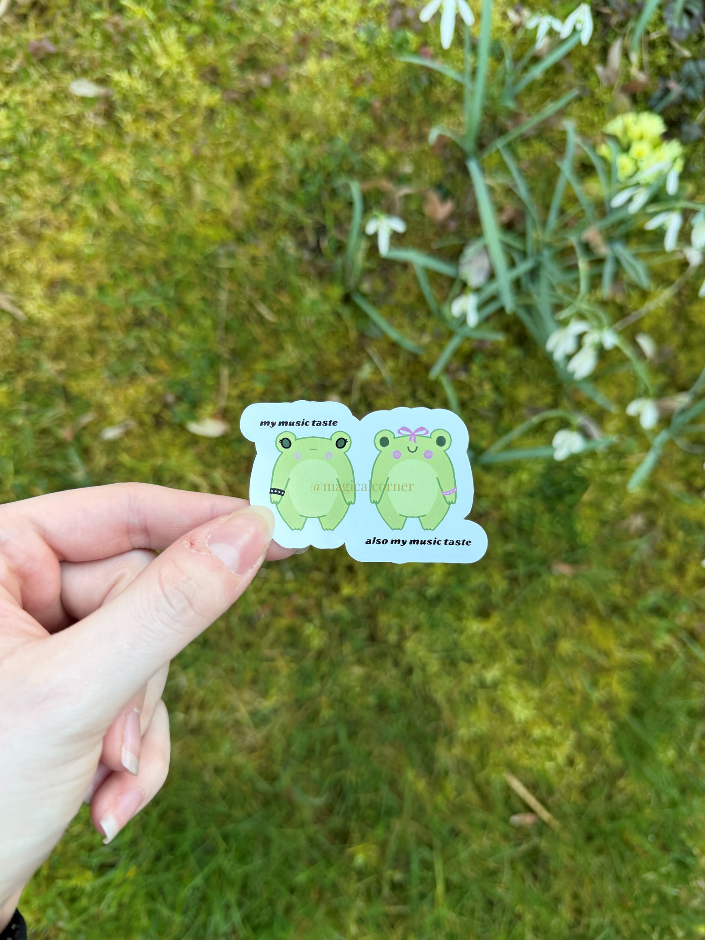 Two frog stickers held by a hand with a natural background