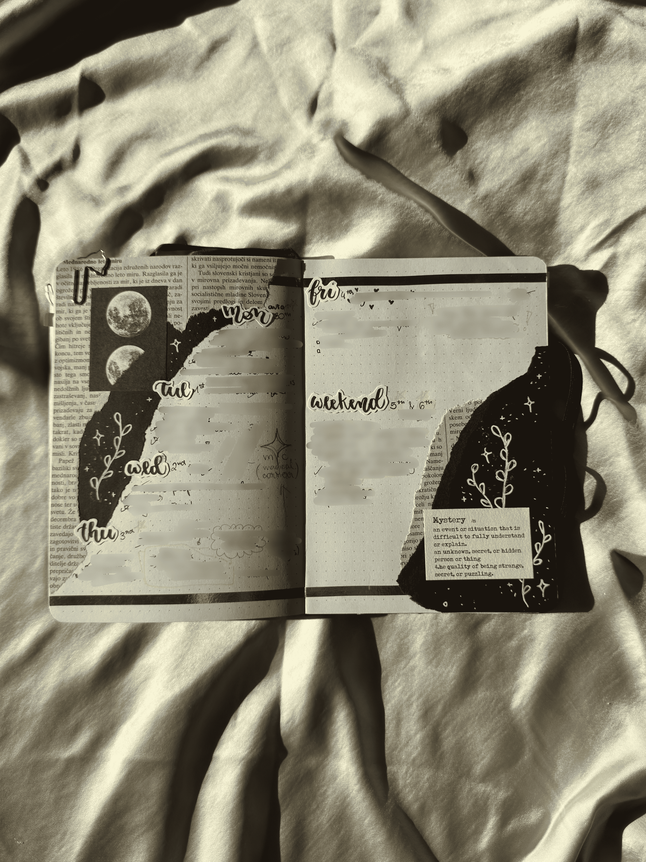 A notebook on a textured surface with visible text and graphics.