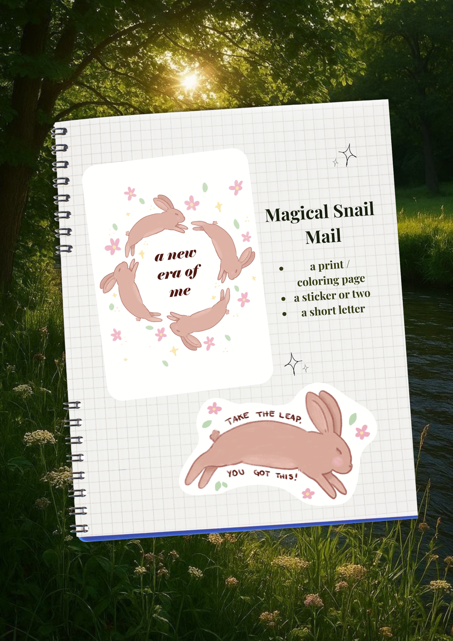 Notebook with illustrations and text on a grassy background