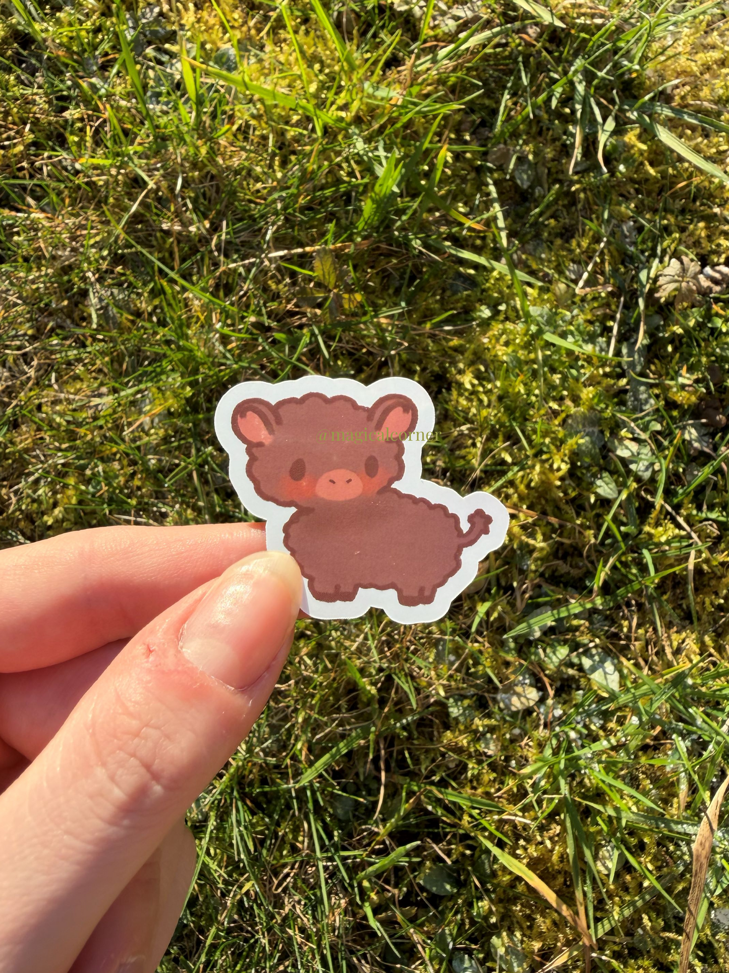 Hand holding a sticker of a cute brown animal against a grassy background